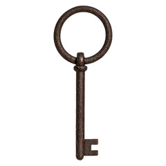 A traditional old-fashioned lock's key, made of iron with a vintage, slightly rusted finish. The key has a simple, yet elegant design, with a large, circular bow