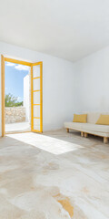 Modern interior of a bright room with open door and natural light in a minimalist style