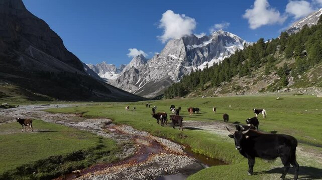 Aerial video over the Indus River and beautiful views at Qumran Village Skardu