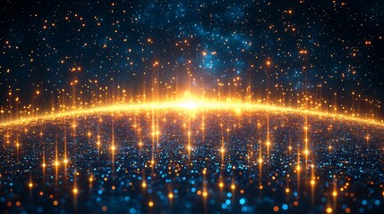 Fototapeta premium Glowing particles forming a horizon with bright light.