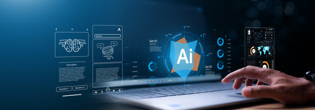 AI Artificial Intelligence. Businessman using AI technology for data analysis, coding computer language with digital brain, Programming Web Development Coding Concept.