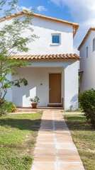 Bright and inviting house with path and garden located in a residential area