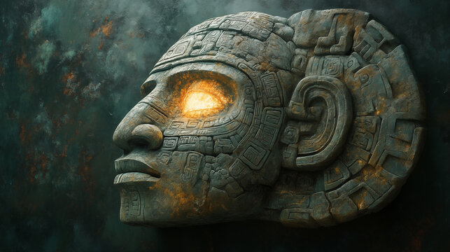 Ancient stone mask illuminated from within on mystical green background, archeological discovery concept - Powered by Adobe