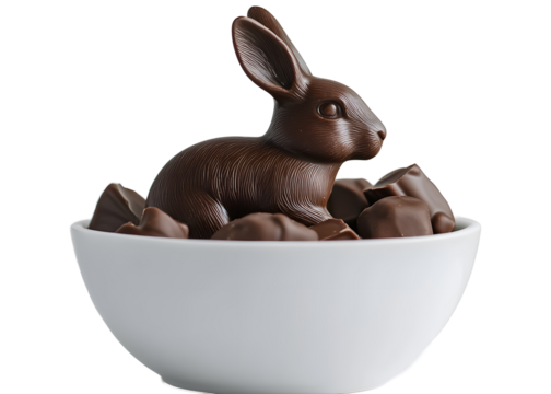 Chocolate rabbit in a white bowl on a transparent background. isolated background.