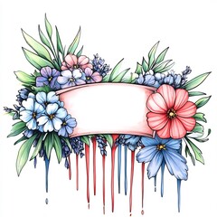 Obraz premium Vibrant Floral Illustration: Delicate Hand-Drawn Banner with Dripping Paint Effect. AI Generated