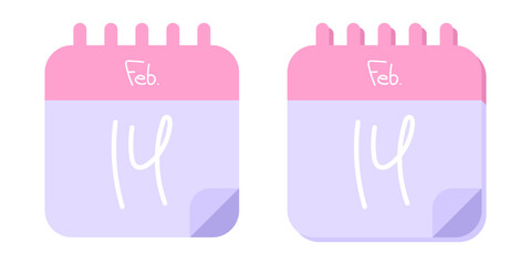 Calendar icon with date February 14. Pink cute calendar in flat style. Vector illustration isolated on white background.