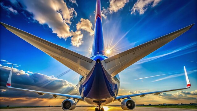 Panoramic View of a 767 Airplane Tail Against a Vivid Blue Sky
