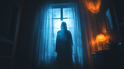 Obraz premium Eerie Ghostly Silhouette at a Bedroom Window: A Chilling Halloween Night Scene