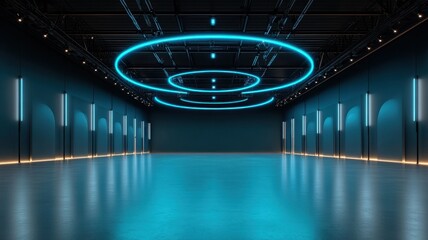 Fototapeta premium Futuristic 3D Rendering of a Dark Spaceship Hangar Illuminated by Neon Lights