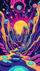 A cartoon illustration of a starry night with colorful planets and mountains surrounding a canyon with a glowing yellow river and a cartoon character sitting by it.