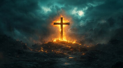 Naklejka premium The Cross of Christ Illuminated on Golgotha Hill Amid Light and Clouds