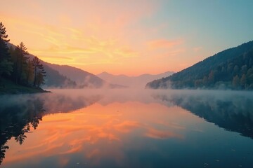 Obraz premium A serene orange and water lake scene at dawn, with misty fog rising from the surface, water, fog, lake