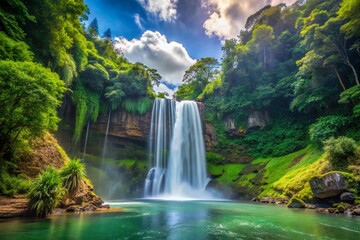 Panoramic View of a Majestic Waterfall Cascading Down Rocky Cliffs