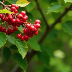 Branch covered in bright red autumn berries against a lush green background, tree leaves,