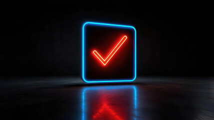 A glowing neon checkmark symbol representing approval and confirmation in a dark setting.