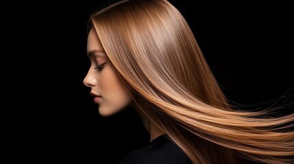 Naklejka premium Straight synthetic extensions, deep brown, laid flat on a sleek black surface with bright lighting