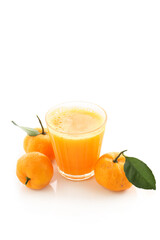 orange color tangerines and fresh juice isolated on a white background