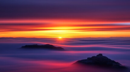Fototapeta premium A serene sunset over a misty landscape, featuring vibrant colors and distant rocky silhouettes.