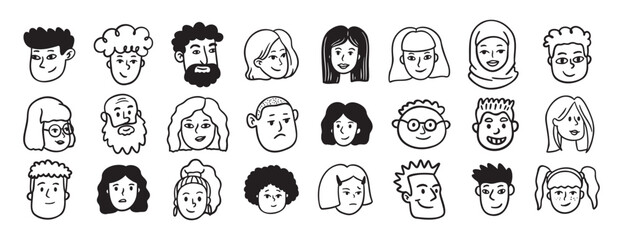 Faces people different avatars doodle hand drawn icon set. Outline drawing head people line clipart symbol collection © Yanka