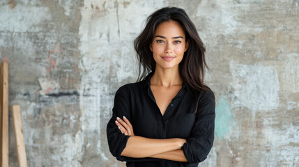 Fototapeta premium Confident Asian woman smiling with arms crossed in modern setting