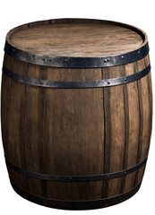 Fototapeta premium A traditional wooden barrel with steel bands around it, showing rich, aged wood with visible grain patterns. The barrel has a slightly weathered appearance