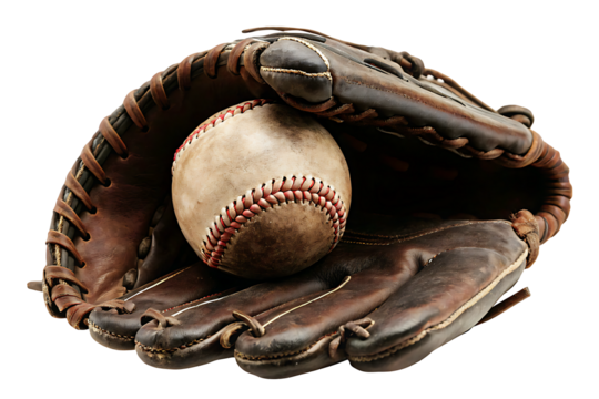 vintage baseball glove holding an old baseball isolated on white background PNG.AI GENERATED