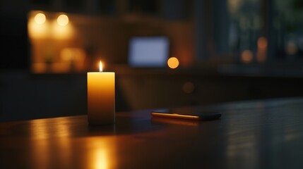 Dimly lit room with a single candle casting soft shadows on a wooden table, laptop and smartphone turned off, symbolizing a sudden power outage and serene atmosphere.