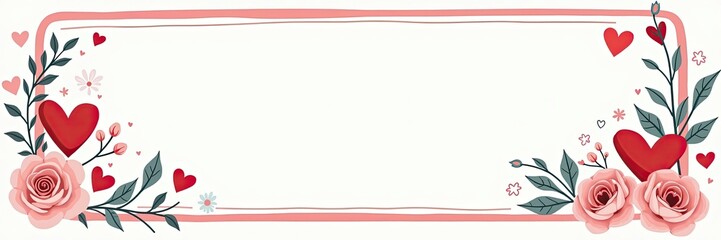 Romantic Valentine frame with roses leaves and hearts perfect for love messages or greetings