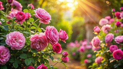 Obraz premium Panoramic View of Blooming Pink Bourbon Roses in a Garden