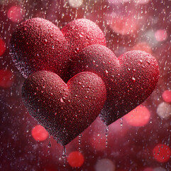 Fototapeta premium artwork featuring a romantic theme with a focus on heart shapes. three large, glittery red hearts in the foreground, each adorned with smaller heart patterns.background is a bokeh of red and pink