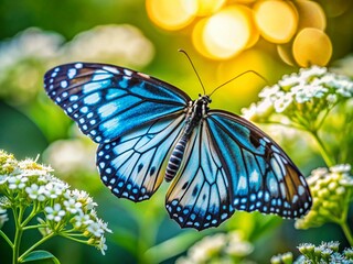 Panoramic View of Blue Glassy Tiger Butterfly on White Flowers