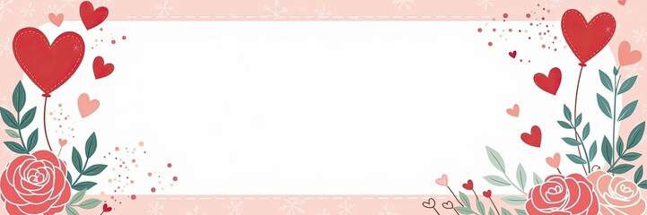 Romantic Valentines Day frame with hearts balloons roses and leaves decorations
