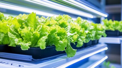 Fresh green lettuce growing in a hydroponic system under LED lights.