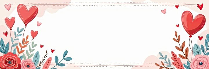 Obraz premium Romantic Valentine's frame with heart balloons and floral elements for loving occasions