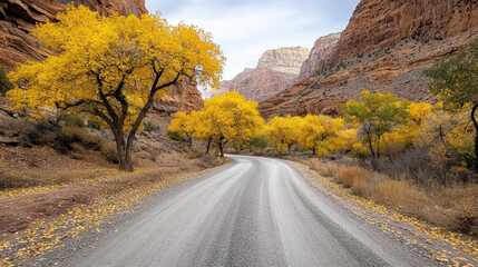 Fototapeta premium Scenic drive through canyon with vibrant yellow trees and rocky cliffs