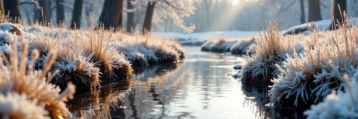 Frosty morning on a stream with tall dry grass, stream water, natural, winter wonderland