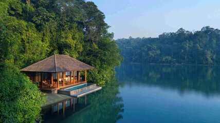 Obraz premium Perched on the Edge of a Tranquil Glistening Lake, Nature's Beauty Awaits