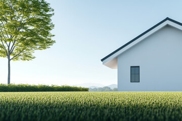 Modern house beside lush green grass and tree under clear blue sky in tranquil setting