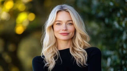 Naklejka premium Stunning outdoor portrait of an elegant blonde woman, radiating beauty and grace in natural light.
