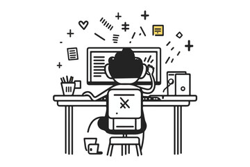 Fototapeta premium Vector Art of Modern Workspaces Man business working at his desk with a laptop and surrounded by office decor vector design Art & Illustration