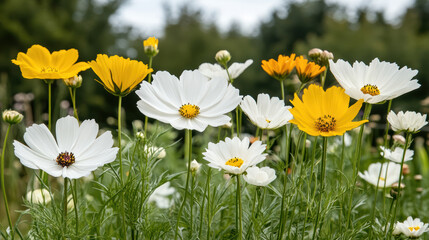Fototapeta premium Vibrant flower field with white and yellow blooms in full bloom