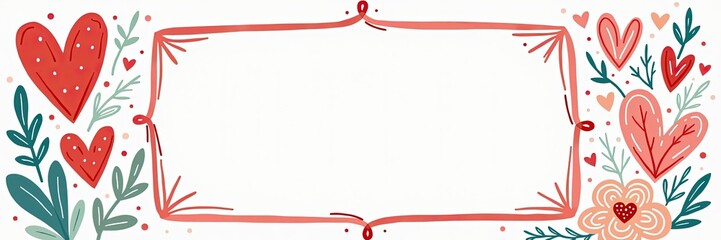 Romantic Valentine frame with hand drawn hearts and floral elements perfect for messages