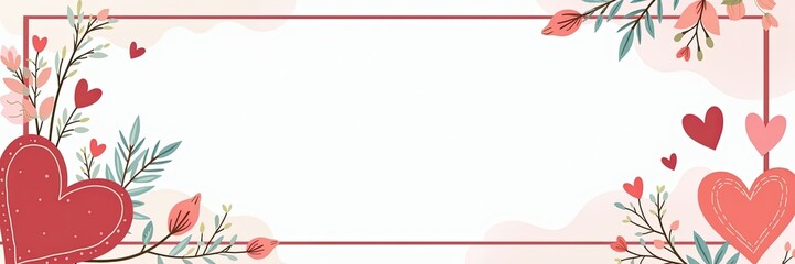 Romantic Valentine's Day frame with hearts and floral accents on a white background