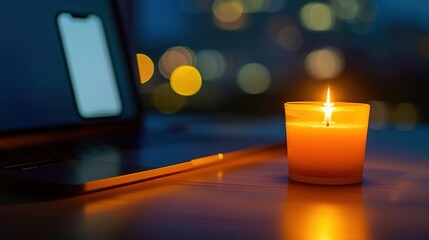 Dimly lit room with a single candle casting soft shadows on a wooden table, laptop and smartphone turned off, symbolizing a sudden power outage and serene atmosphere.
