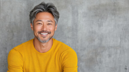 Joyful Asian man with gray hair smiling in yellow sweater against gray background