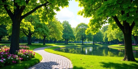 Fototapeta premium Serene park landscape with winding stone path, lush greenery, and tranquil pond