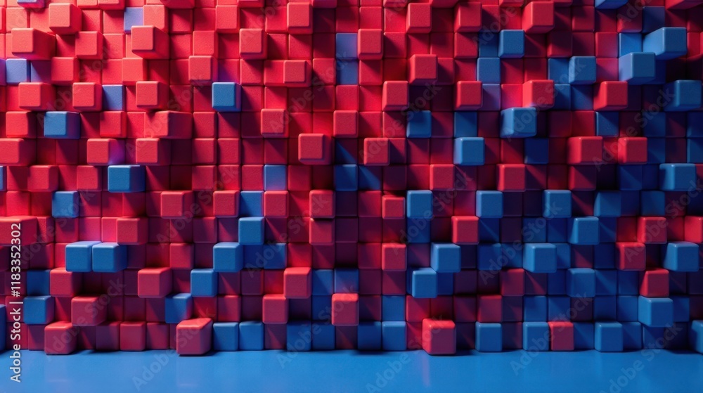 Poster Abstract Cube Wall Background Design with Red and Blue Blocks