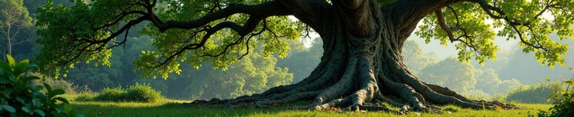 Fototapeta premium Majestic tree with gnarled trunk and sprawling roots, devotion, nature