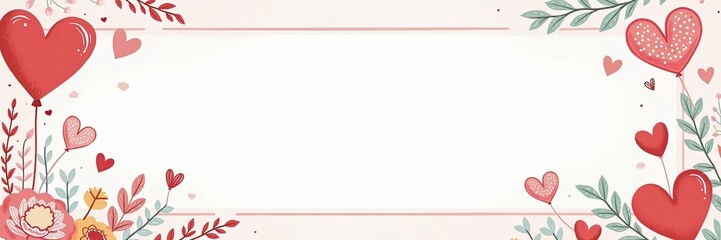 Obraz premium Romantic Valentines Frame with Heart Balloons and Floral Elements for Backgrounds