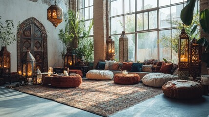 Serene Moroccan-Inspired Lounge:  A Luxurious and Tranquil Interior Design